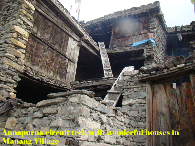 Traditional jointed houses in Manang village.People build these houses to protect from cold.