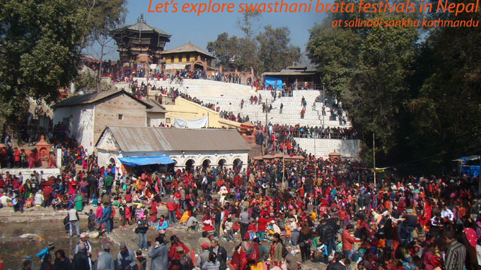 Thousands of people gathering to celebrate swasthani brata katha at salinadi river in kathmandu. 